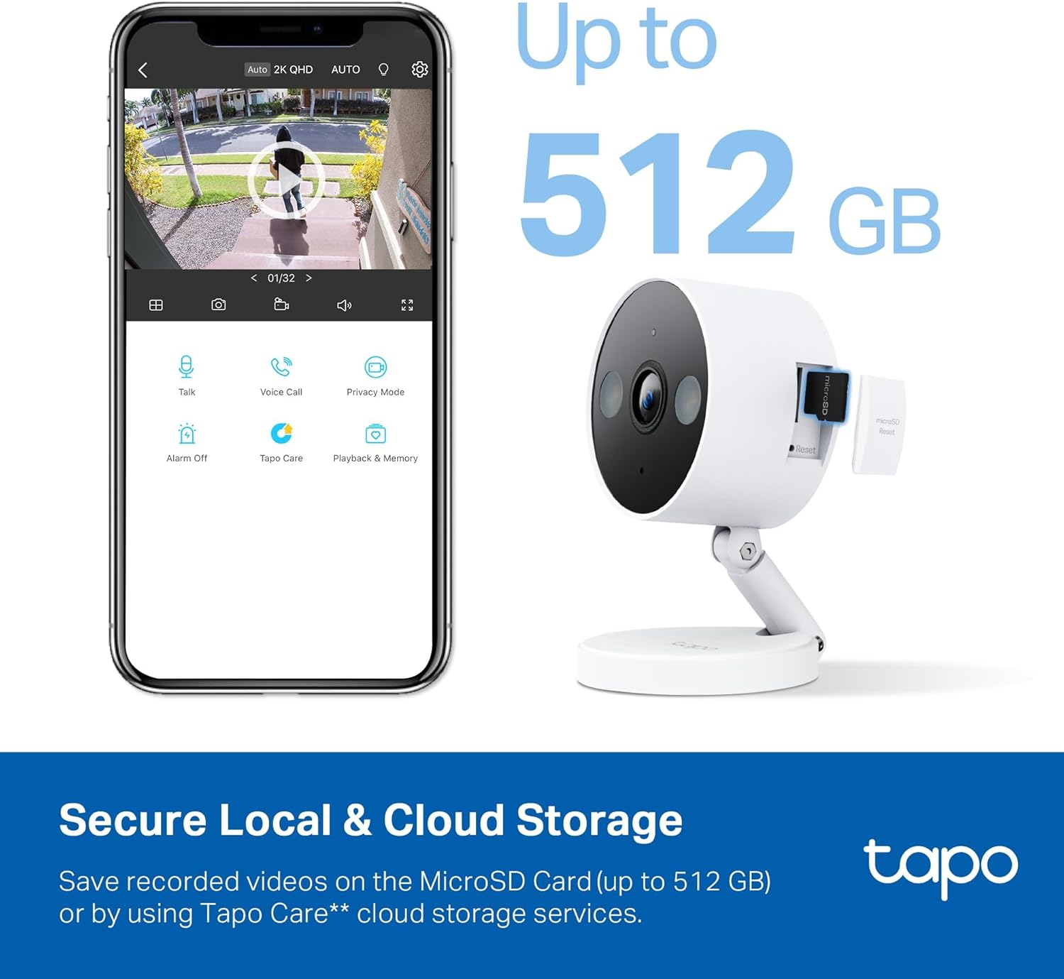 2K QHD Security Camera with 512GB storage option, smartphone control, and secure local/cloud storage.