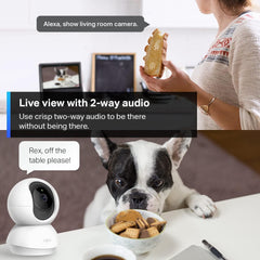 Tapo Pan/Tilt Security Camera showing live view with two-way audio, Alexa integration.