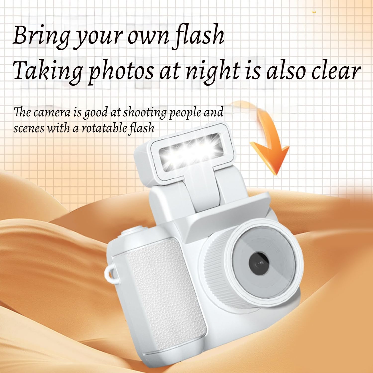 Retro Snap Camera with rotatable LED flash for clear nighttime photography.