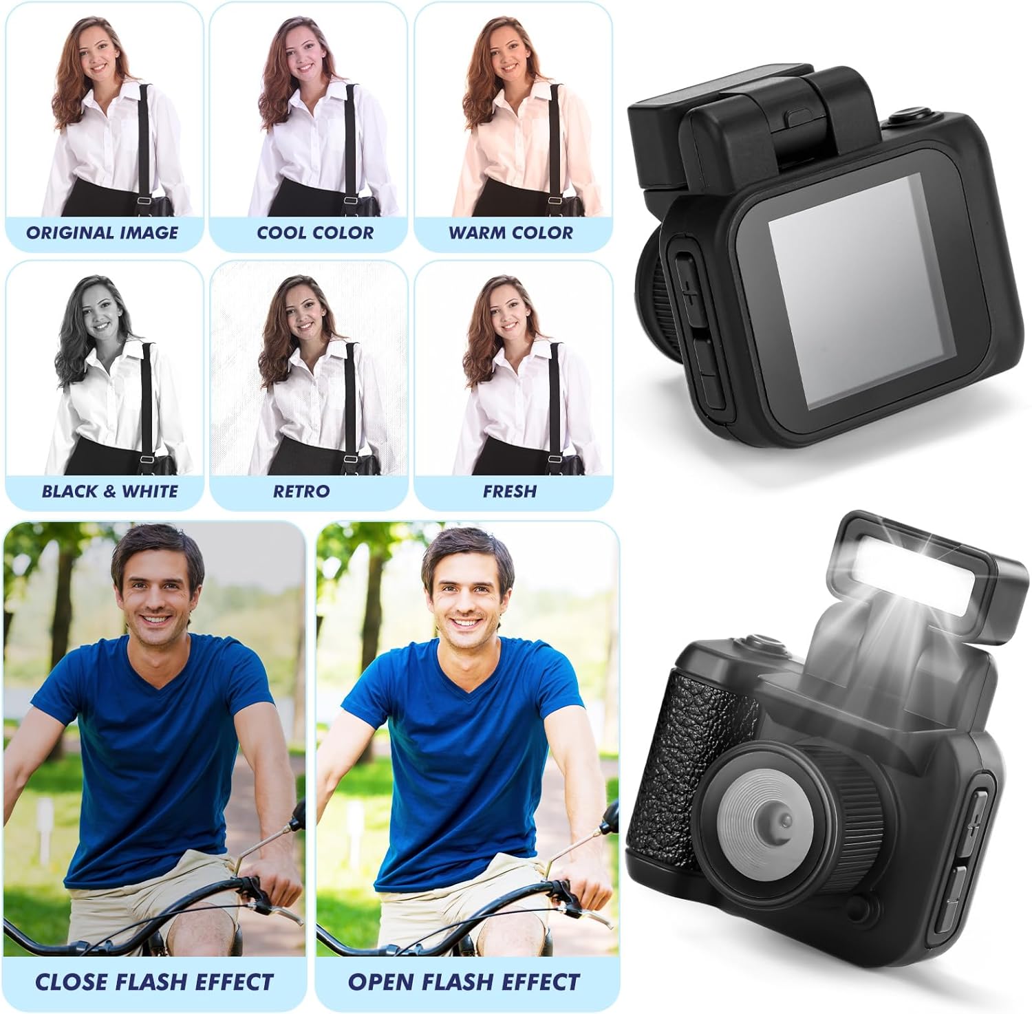 Flash Light 1080P mini pixel camera with adjustable effects and detachable flash component.