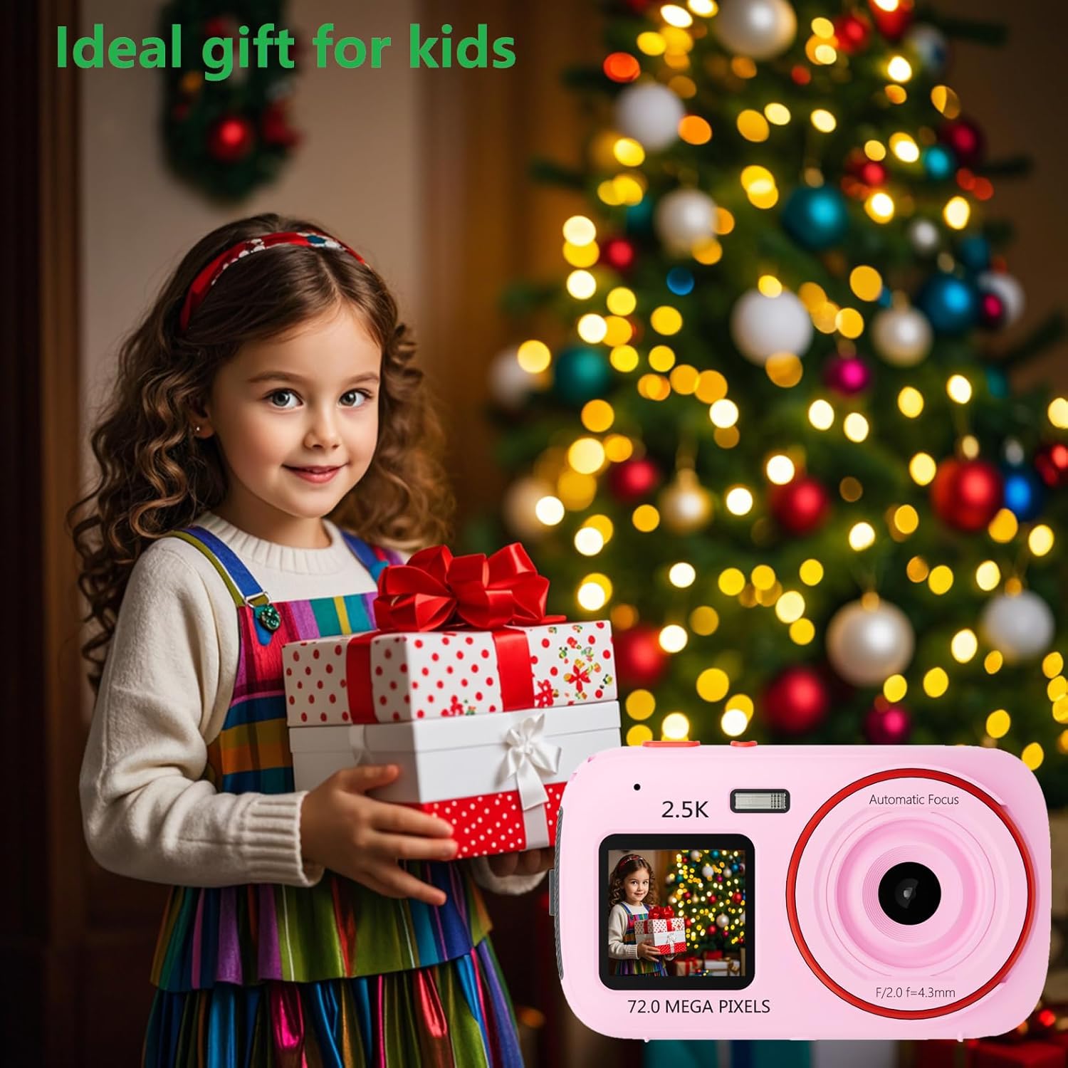 Digital camera for kids with dual screen and autofocus next to a festive Christmas scene.