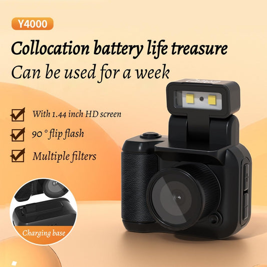 Retro Snap Camera with LED flash, featuring compact design and 1.44-inch HD screen, multiple filters, and charging base. Ideal for nostalgic photography.