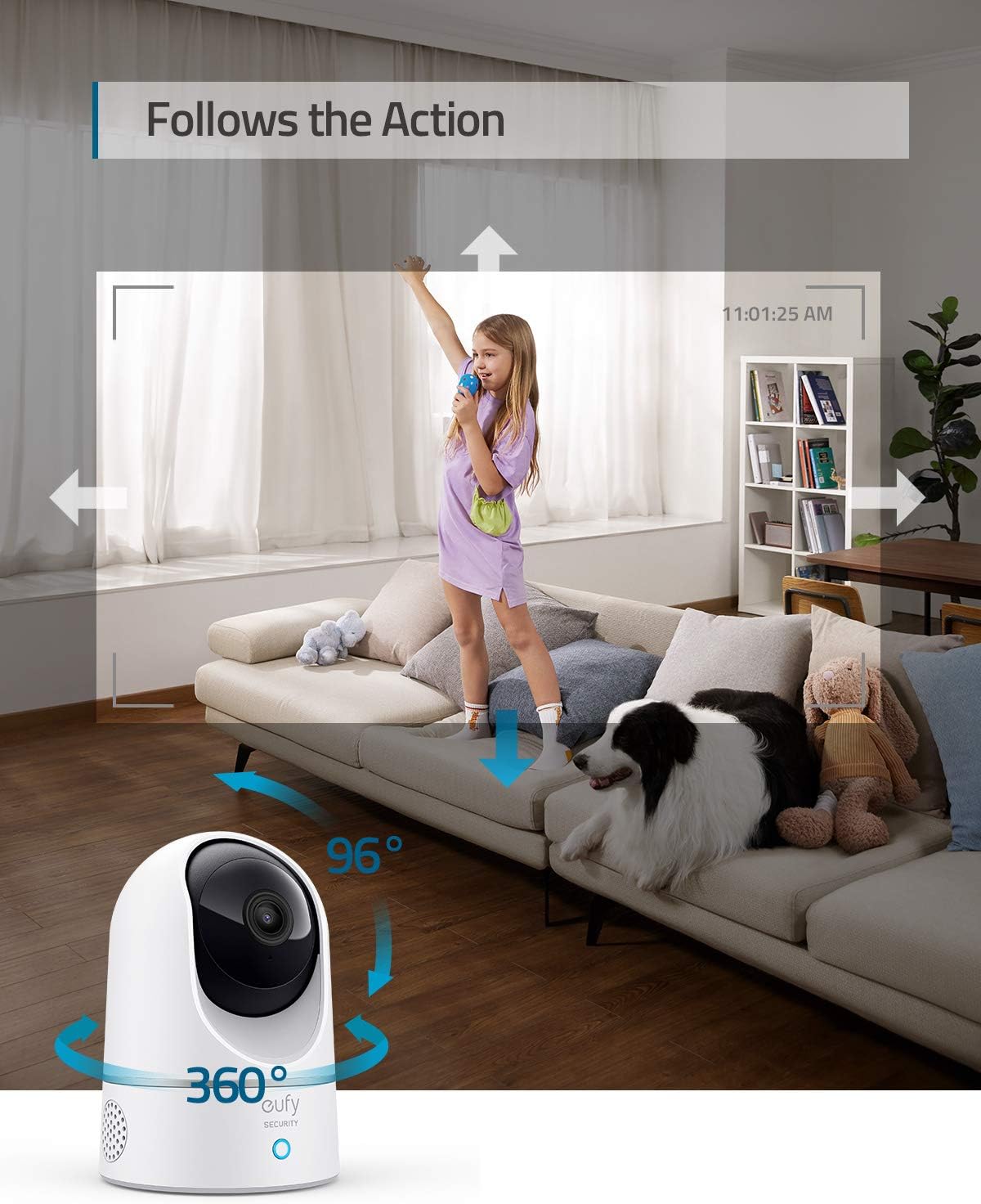 Indoor Cam E220 camera with smart motion tracking and 360° pan and 96° tilt features in home setting.