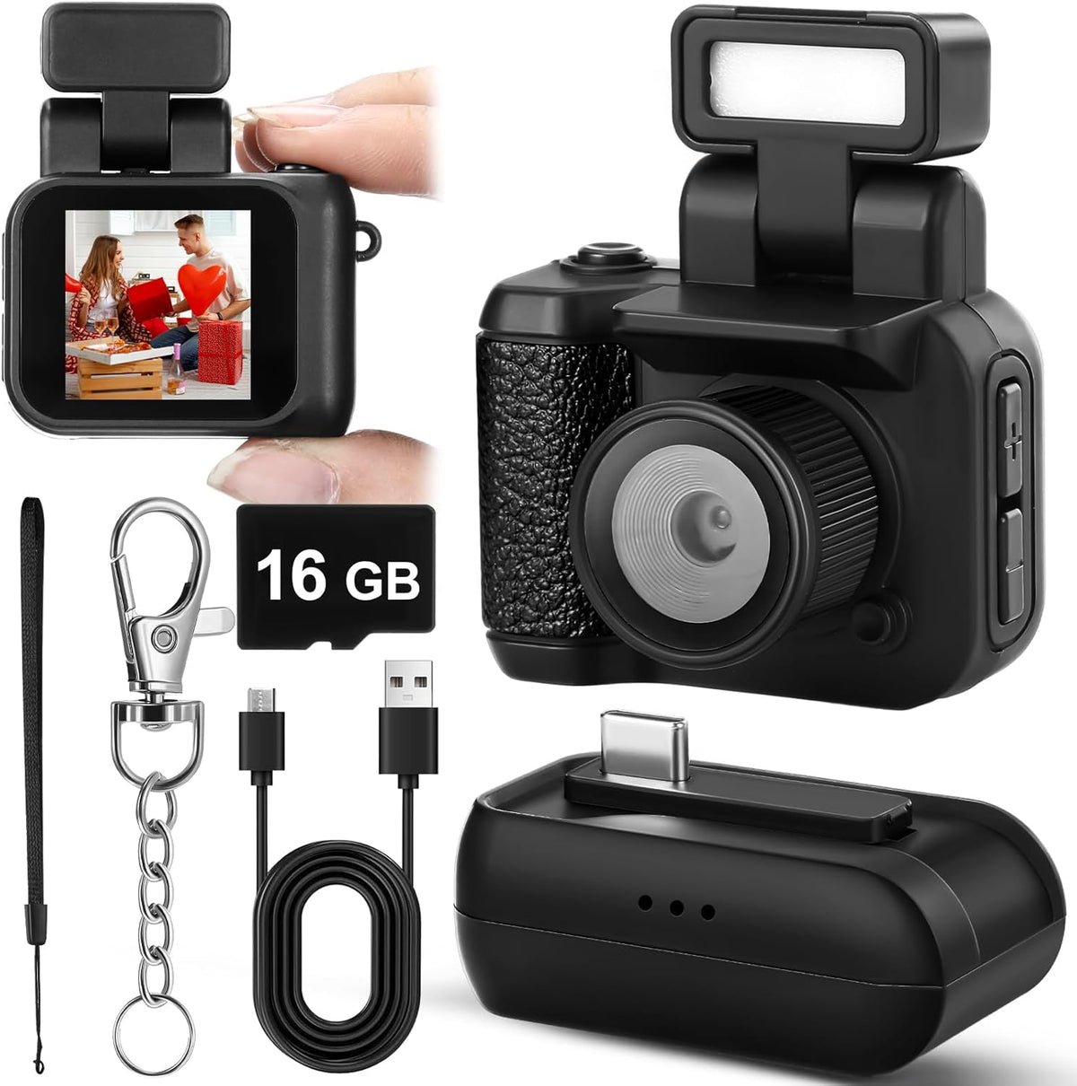 Flash Light 1080P Mini Pixel Camera, small retro micro video camcorder with accessories, portable and compact design.