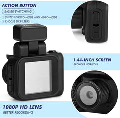 Mini keychain camera with 1080P HD lens, action button, and 1.44-inch screen for enhanced recording and easy mode switching.