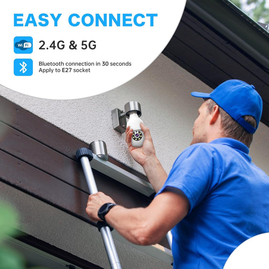 Man installing 2K light bulb security camera on an outdoor socket; supports 2.4G & 5G WiFi for easy connection.