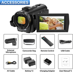 Video camera with accessories, 270-degree rotation screen, 16X digital zoom, remote control, and microphone.