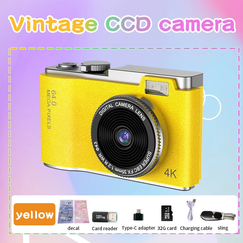 Yellow 4K 64MP digital camera with accessories including card reader, Type-C adapter, and sling, ideal for beginners.