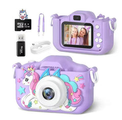 Purple mini kids camera with unicorn design, 32G SD card, and accessories. Perfect toy gift.