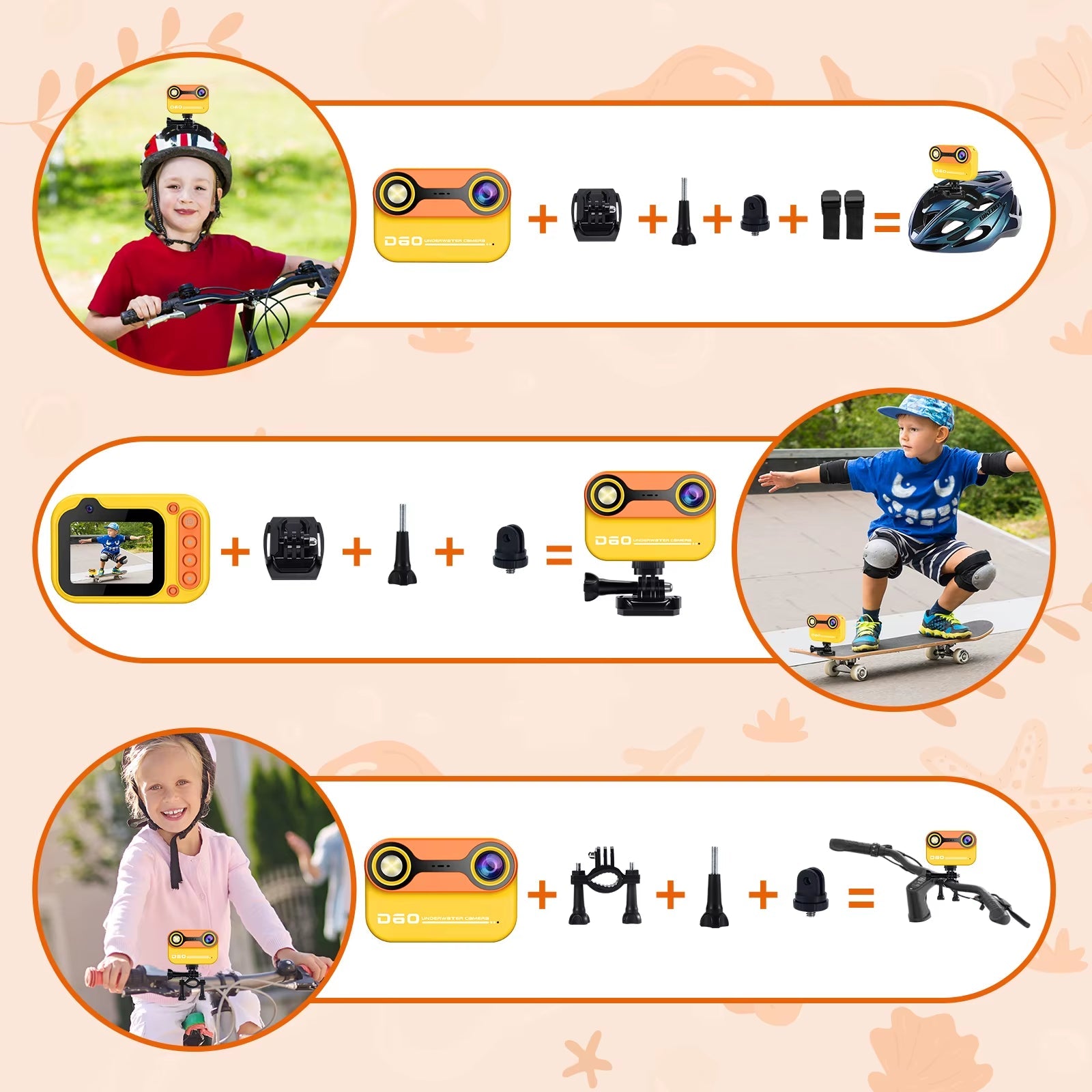 HD Waterproof Kids Camera with mounts for bike, helmet, and wrist; fun outdoor activities for ages 3-12.