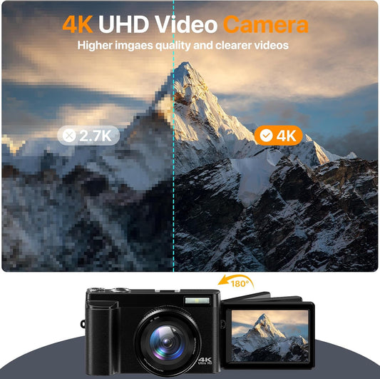 4K digital camera with 180° flip screen for high-quality video and photography.