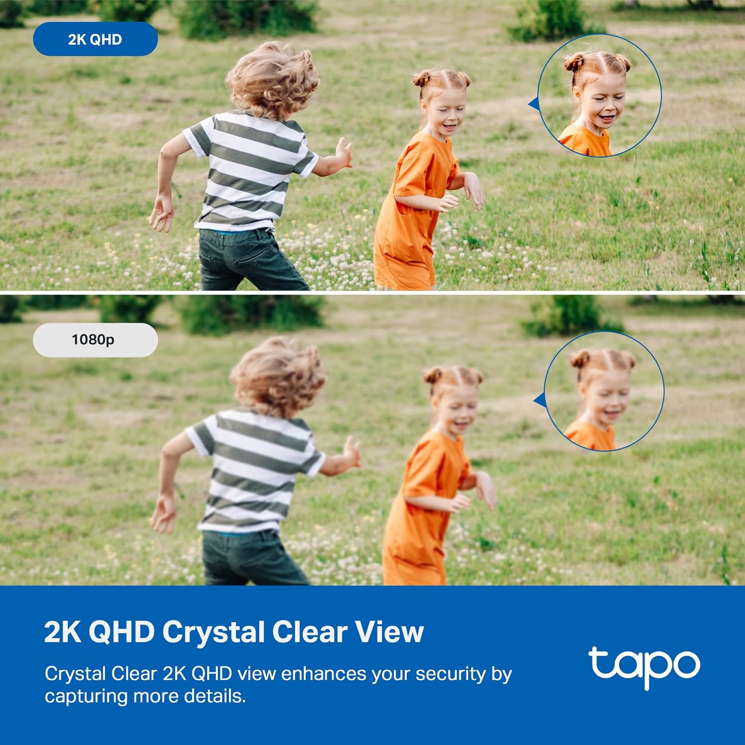 2K QHD Security Camera with color night vision and AI detection, featuring crystal clear view comparison.