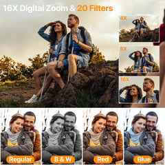 16X digital zoom and 20 filters on 4K digital camera for enhanced photography options.