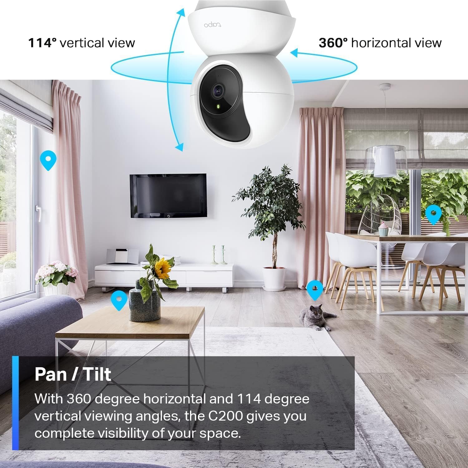 Tapo Pan/Tilt Security Camera providing 360-degree horizontal and 114-degree vertical coverage for home surveillance.