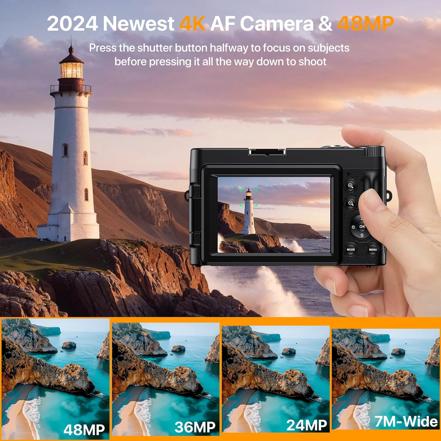 4K digital camera with 48MP resolution, showing a lighthouse scene on a flip screen, highlighting photo quality and features.