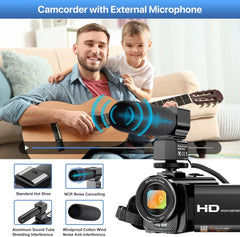 Camcorder featuring external microphone and noise-canceling for enhanced audio.