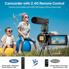 Video camcorder with 2.4G remote control, featuring 270-degree rotation screen and 16X digital zoom, capturing kids playing outdoors.