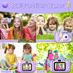 Mini kids camera with multiple functions including self-portrait, HD video recording, time-lapse, and 8x zoom, in a playful design, ideal for children's gifts.