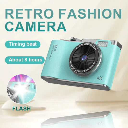 Digital Camera 4K 64MP with rechargeable battery and retro design on a promotional image.