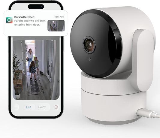 Indoor pan/tilt home security camera with 360° rotation, night vision, and phone app.