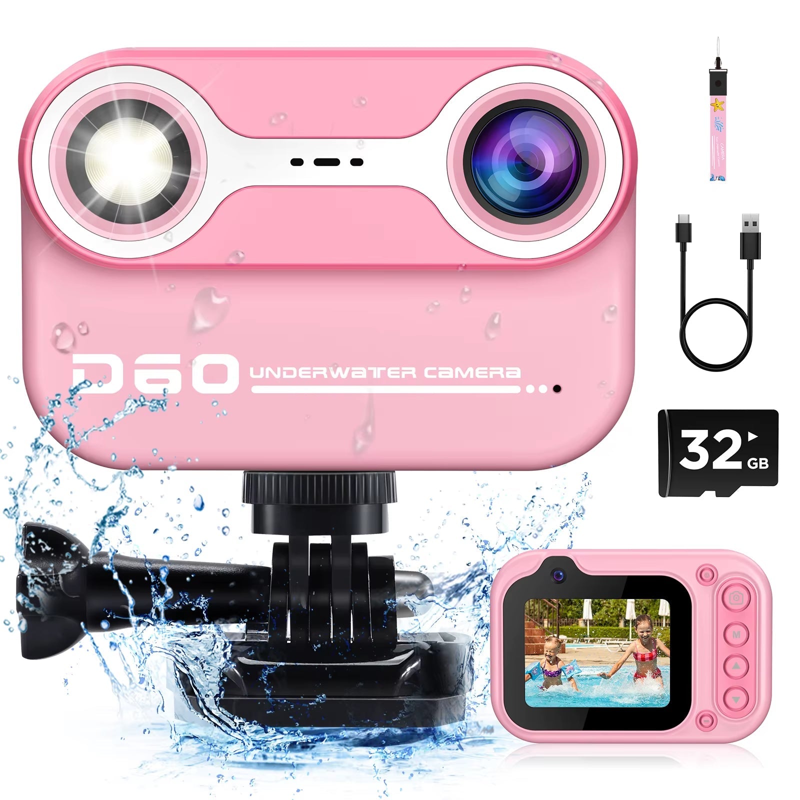 HD waterproof kids camera with 32GB card, pink design, ideal for underwater photography for ages 3-12.