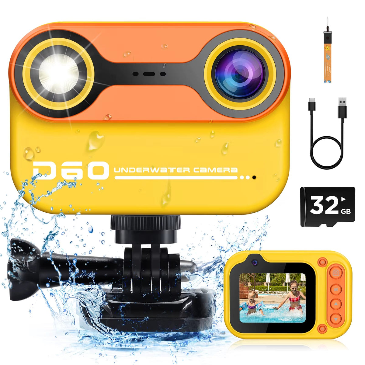 4'' HD 1080P digital waterproof kids camera with 32GB card, yellow-orange, underwater photography toy for ages 3-12.