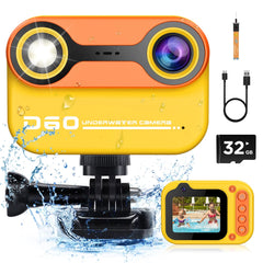 4'' HD 1080P digital waterproof kids camera with 32GB card, yellow-orange, underwater photography toy for ages 3-12.