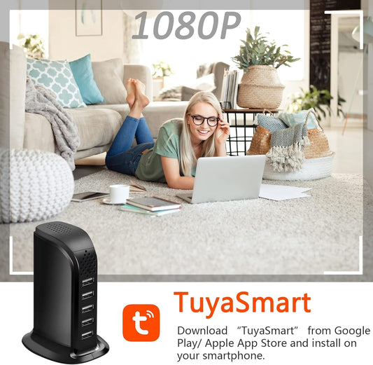 HD 1080P Wifi USB Charger Camera for home surveillance with TuyaSmart app compatibility.