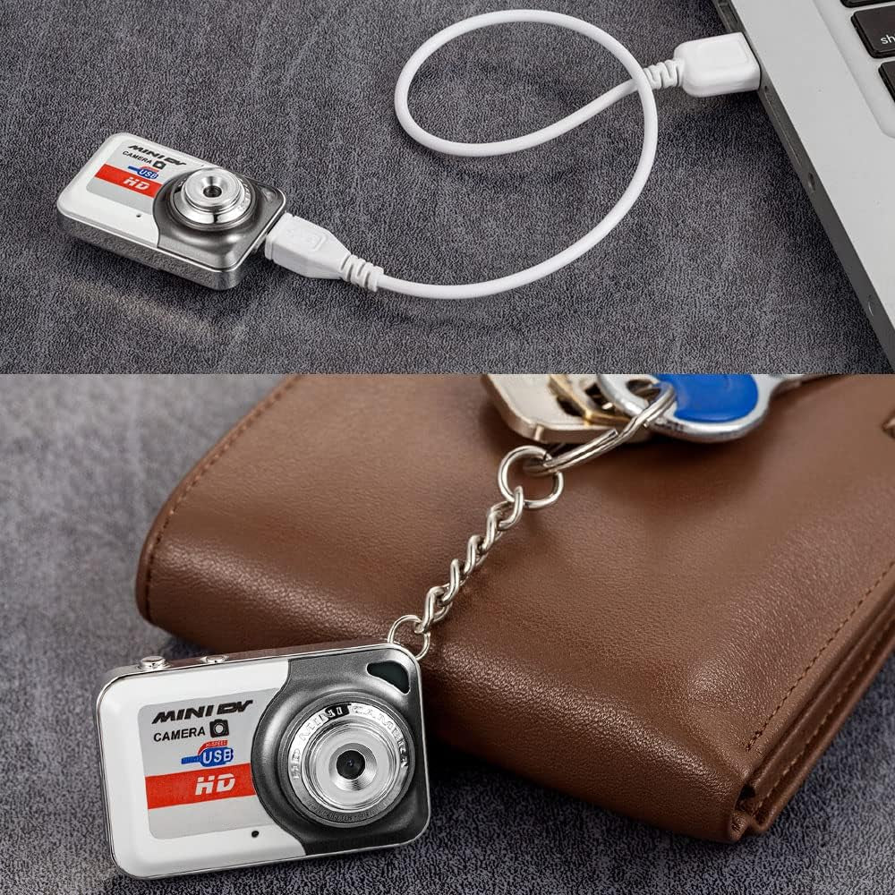 Digital Camera X6 keychain connected to laptop, portable ultra mini HD camera for kids with 32GB memory card.