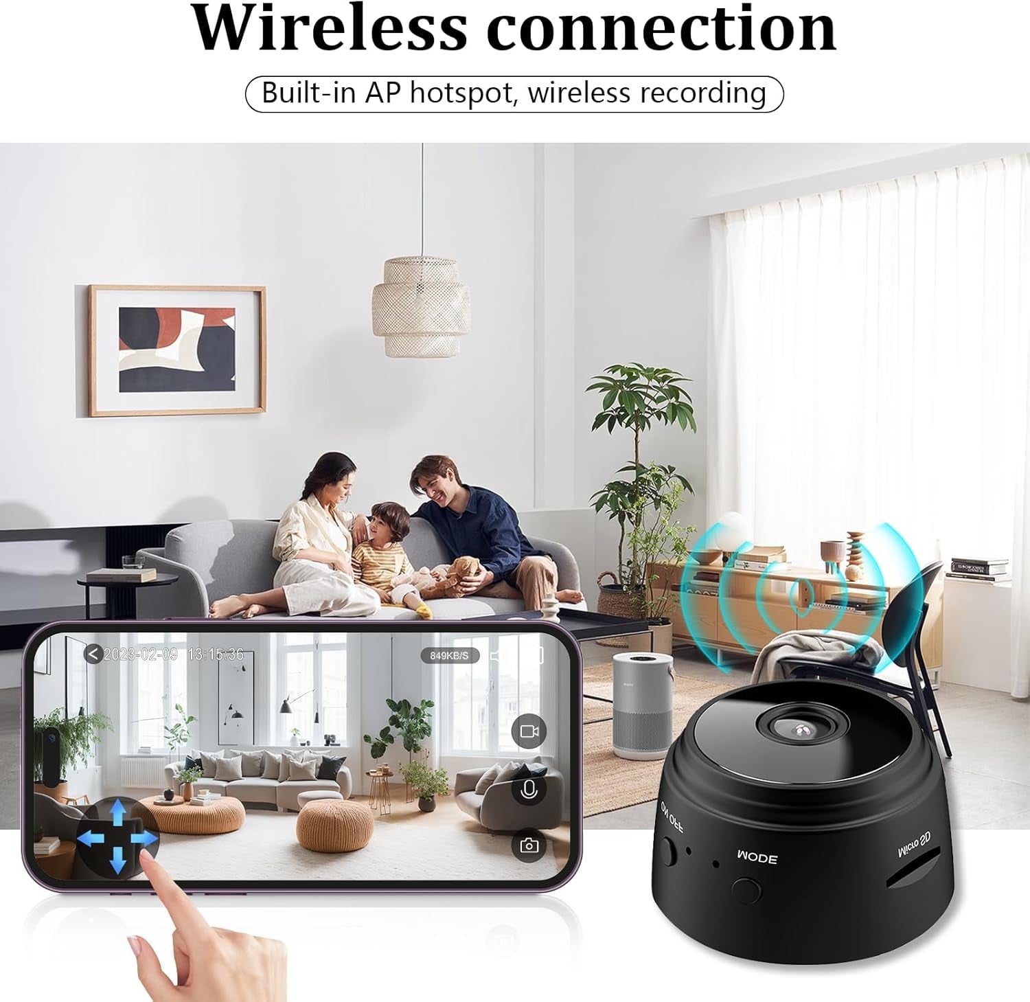 Mini spy camera with wireless connection and app control for indoor security.