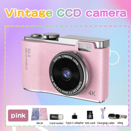 Pink vintage CCD digital camera with 4K resolution, 64MP lens, and included accessories like card reader, Type-C adapter, 32G card, charging cable, and sling.