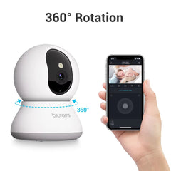 Pet Camera 2K with 360° rotation shown with mobile app control for indoor security and pet monitoring.