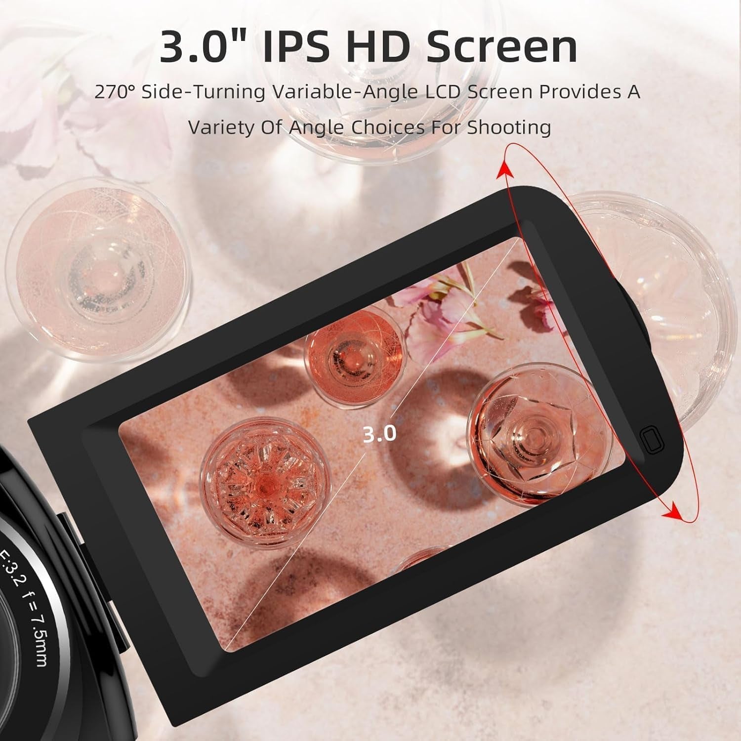 3.0" IPS HD Screen with 270° rotation for versatile video recording on Full HD 1080P camcorder.