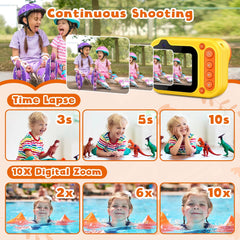 HD 1080P waterproof kids camera with continuous shooting, time-lapse, and 10X digital zoom.