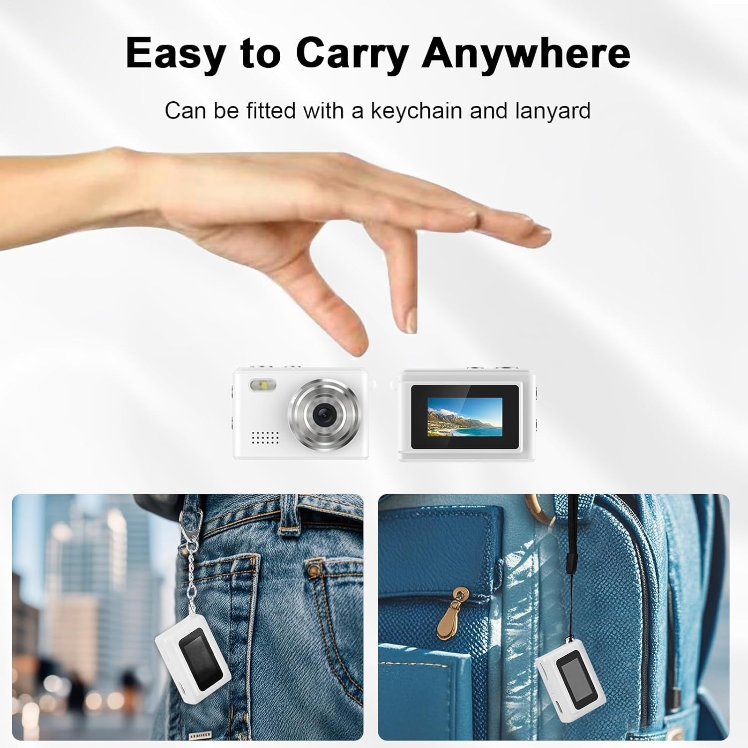 Mini digital camera keychain shown attached to bags, highlighting portability and compact design.