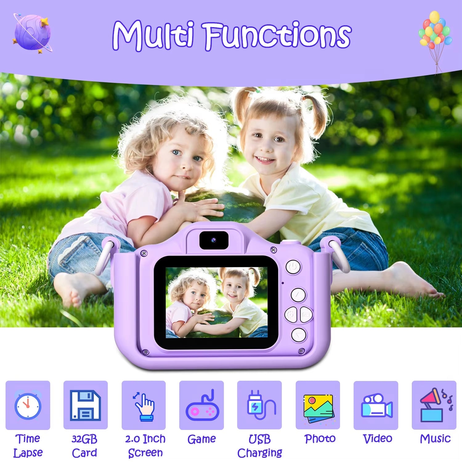 Mini kids' camera with 32GB card, 2.0-inch screen, USB charging, and playful features; perfect gift for children.