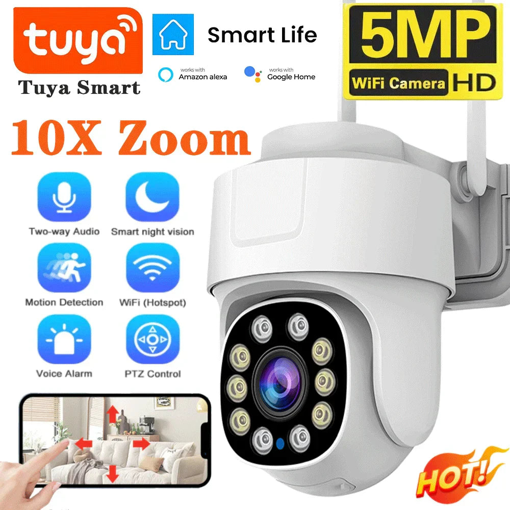 10X PTZ Zoom WiFi Camera Tuya Smart Outdoor Home Security Video Surveillance, 5MP Wireless IP Cameras with AI Automatic Human Tracking.