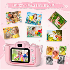 1080P HD kids digital camera with pink silicone case, featuring fun frames and filters, ideal for toddlers.