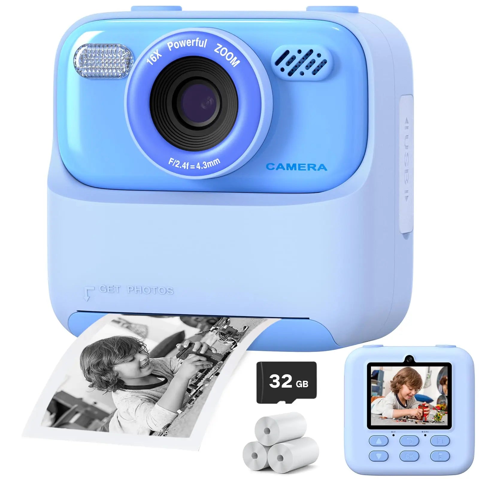 Upgrade kids camera with 1080P HD dual lens, perfect selfie digital camera for boys and girls, includes 32GB memory and instant print feature.