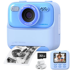 Upgrade kids camera with 1080P HD dual lens, perfect selfie digital camera for boys and girls, includes 32GB memory and instant print feature.