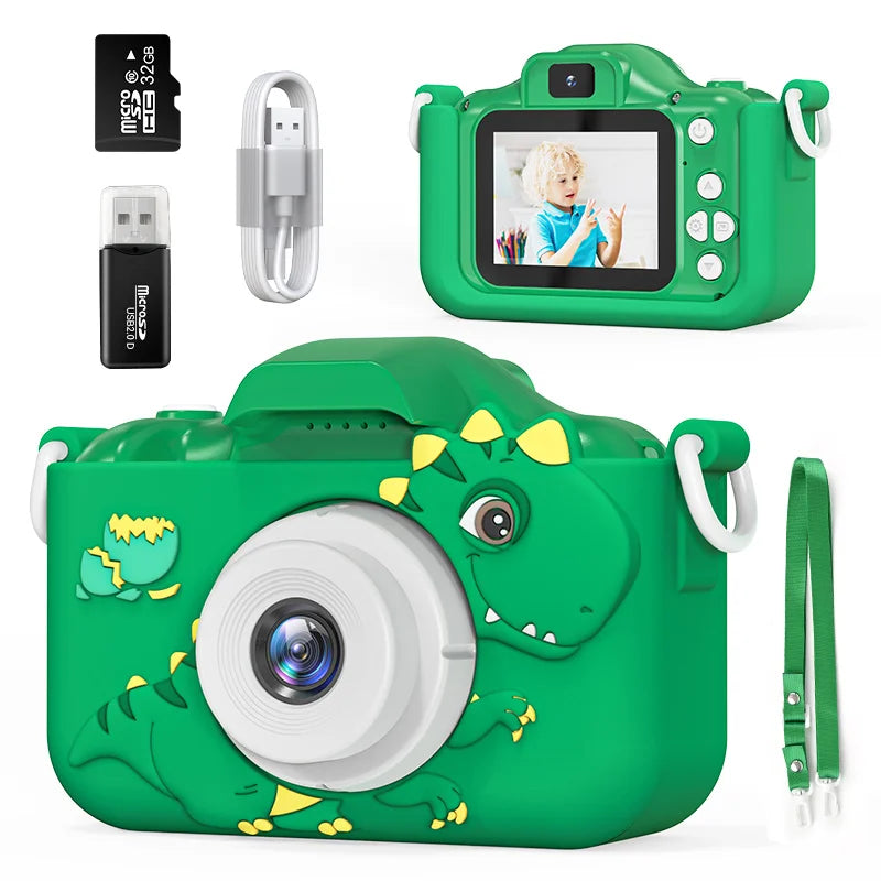 Kids' digital camera with 32G card, dual lenses featuring dinosaur design, perfect for photography and video fun. Ideal birthday gift and educational toy for boys and girls.