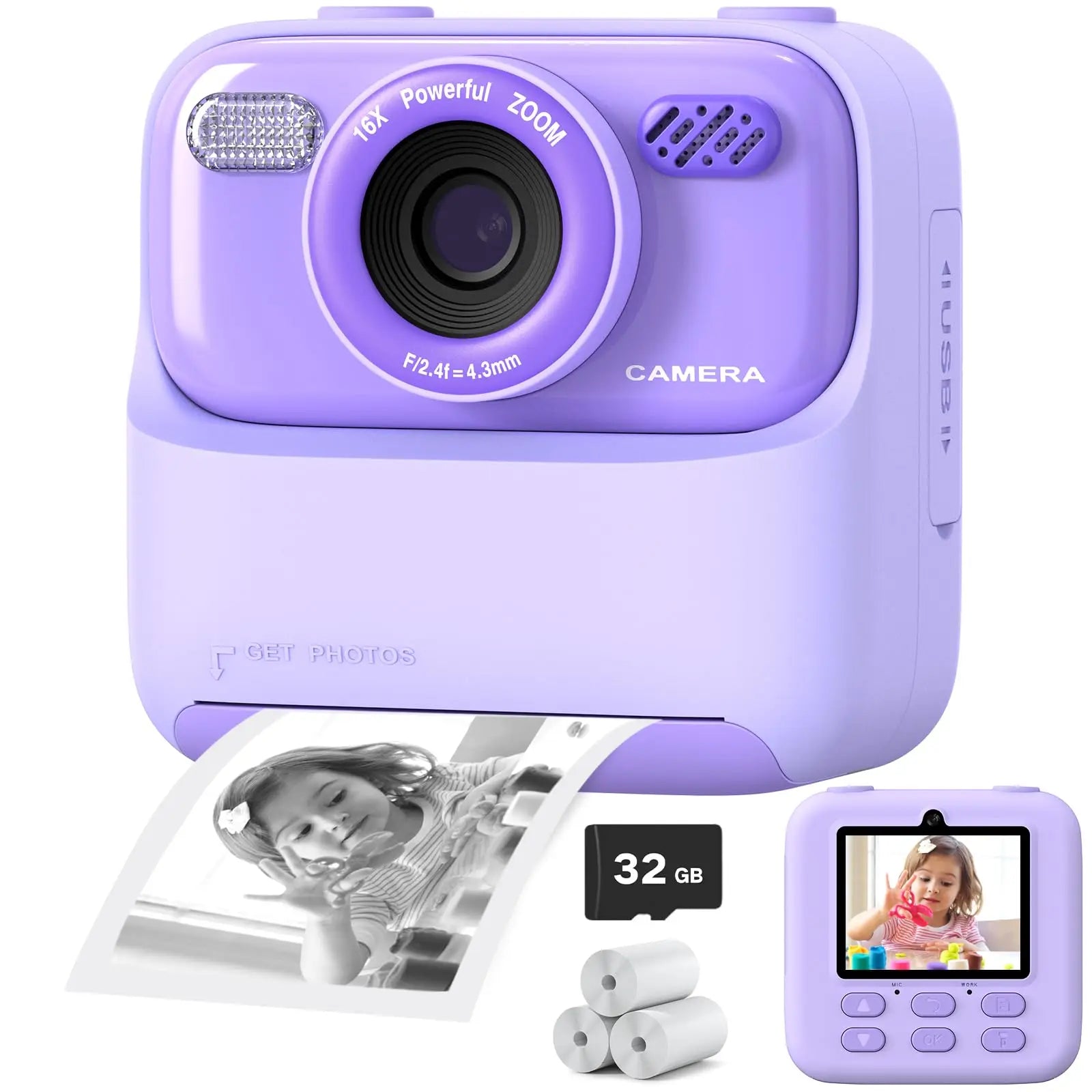 Upgrade Kids Camera in purple with instant print, dual lens setup, 32GB card, designed for ages 3-12.