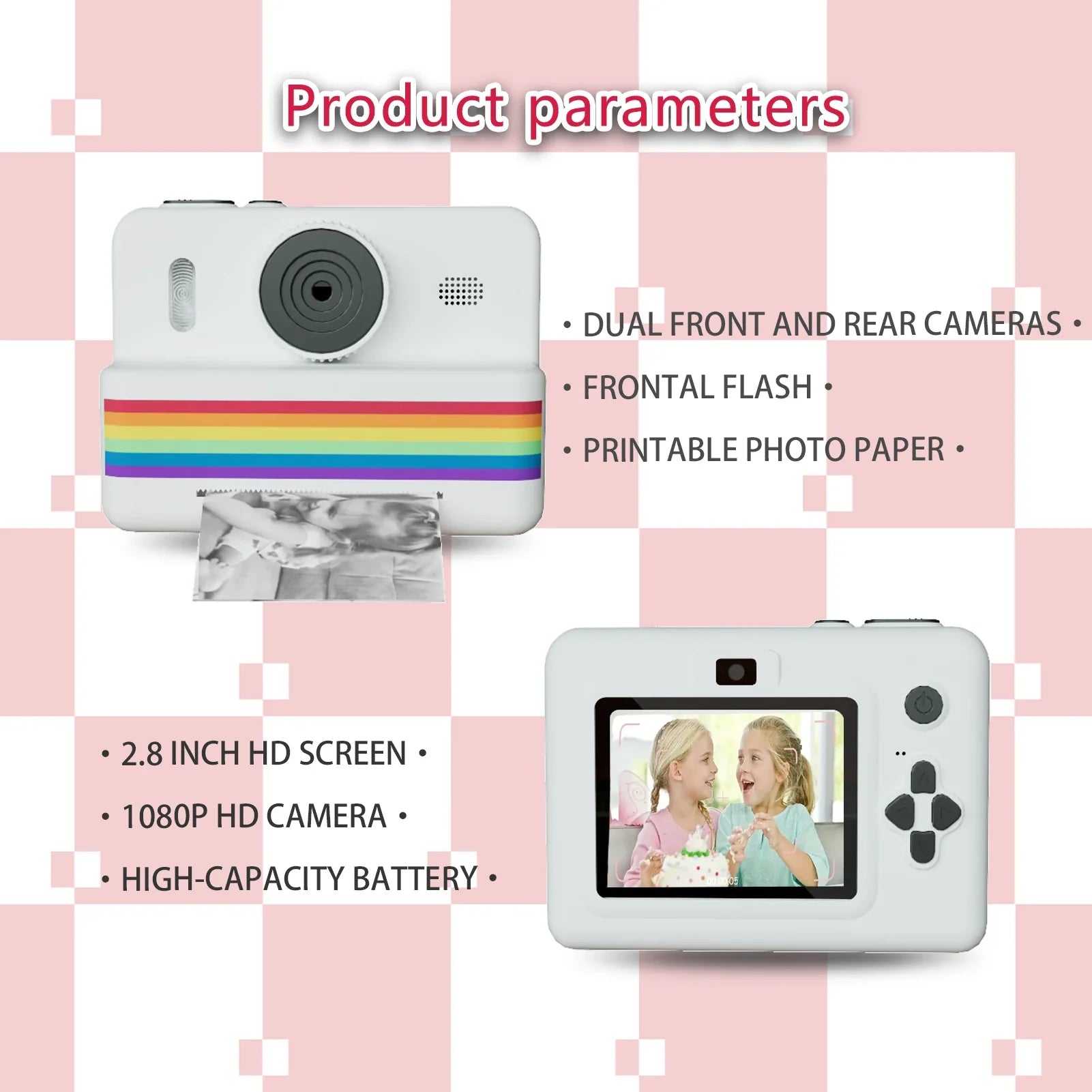 Fun & portable instant print kids camera with dual front and rear cameras, thermal printer, 2.8" HD screen, and high-capacity battery.