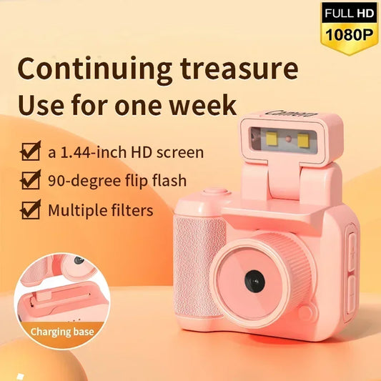 Mini keychain camera with 1.44-inch HD screen, 90-degree flip flash, multiple filters, and 1080P resolution.