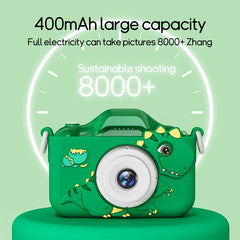 Kids' digital camera with dinosaur design and 400mAh capacity, capable of taking over 8000 photos.