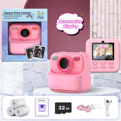 Upgrade Kids Camera - 1080P HD Dual Lens Selfie Digital Camera with instant print and 32GB memory; ideal gift for children aged 3-12.