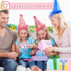 Family enjoying gift of Children's 1080P HD digital camera for kids, perfect birthday gift with party hats.