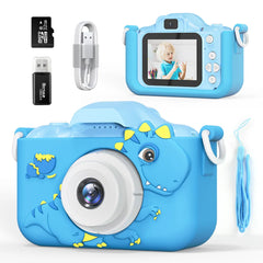 Kids' digital camera with dual lenses, 32G card, and dinosaur design for photography and video; perfect educational toy and birthday gift for boys and girls.