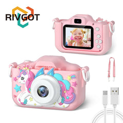 Children's pink digital camera with silicone case, featuring 1080P HD video, unicorn design, and detachable lanyard. Ideal gift for toddlers.