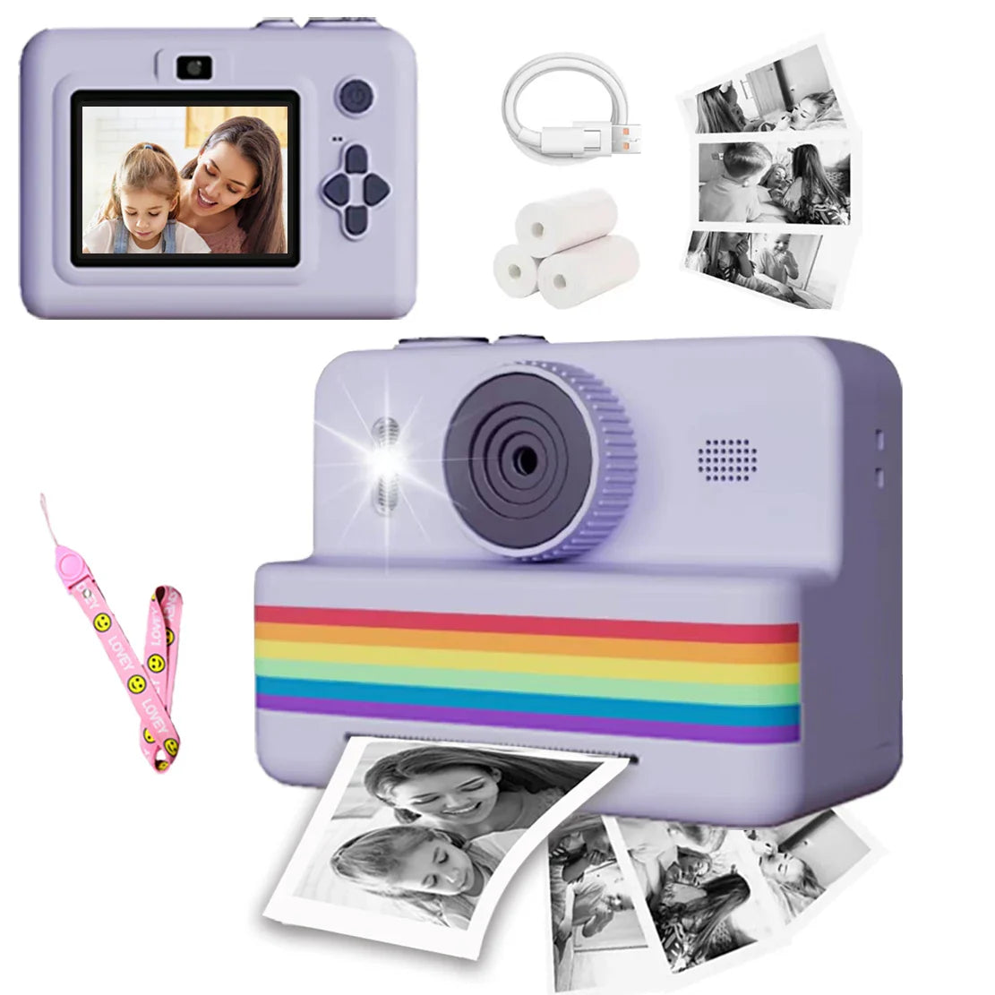 Portable kids instant print camera with 2.8" screen, thermal printer, and strap; ideal gift for young photographers.